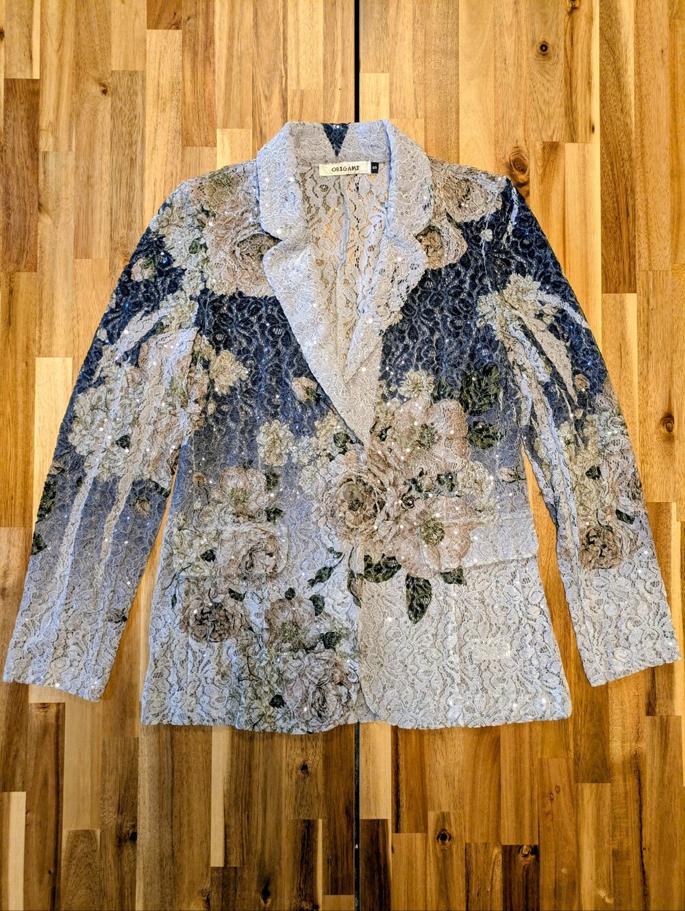 Origami Floral Lace Sequin Blazer Jacket in Silver, Blue & Taupe Sz S